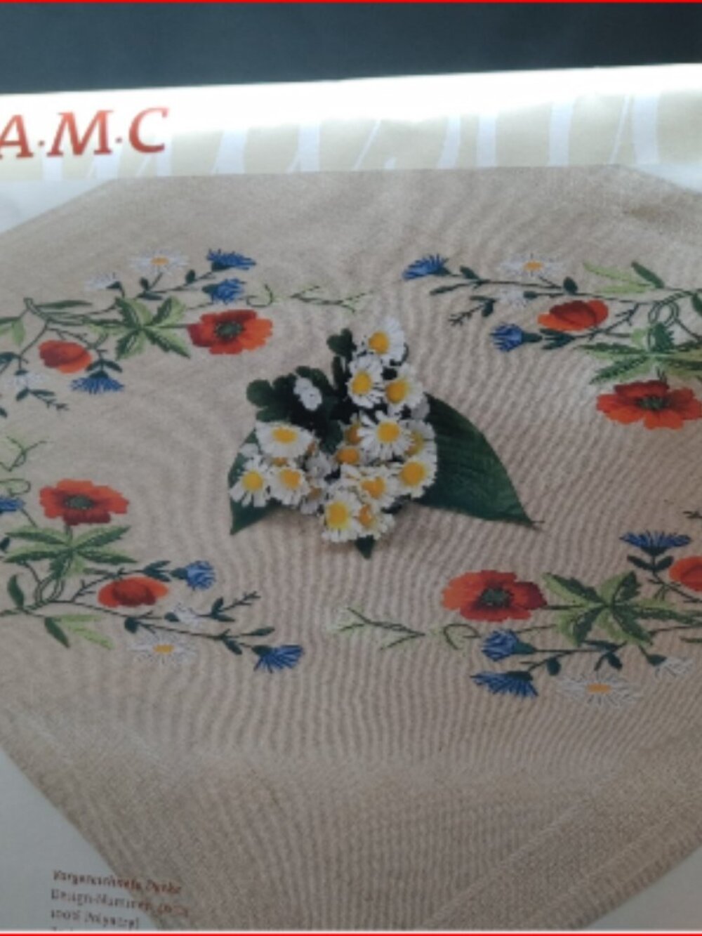 Vtg Tablecloth Embroidery Kit AMC Germany Red Poppy Tea Thread & Cloth Included
